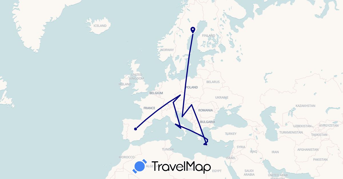 TravelMap itinerary: driving in Czech Republic, Germany, Spain, Greece, Croatia, Hungary, Italy, Sweden (Europe)