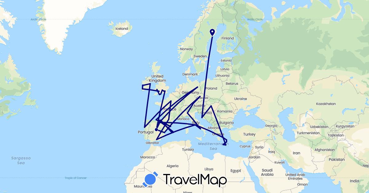 TravelMap itinerary: driving in Czech Republic, Germany, Spain, France, United Kingdom, Greece, Croatia, Hungary, Ireland, Italy, Portugal, Sweden (Europe)
